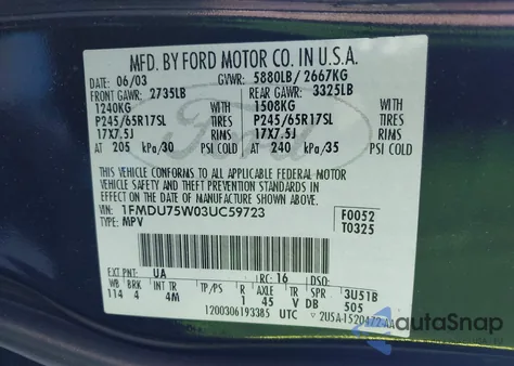 2003 Ford Explorer Limited z USA, uszkodzony, nr VIN 1FMDU75W03UC59723